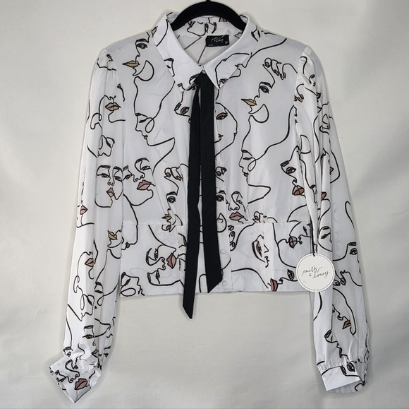 Milk & Honey Tops - Milk & Honey Tie Neck Shirt XL Faces Print Button-up Top Long Sleeve Artsy NEW